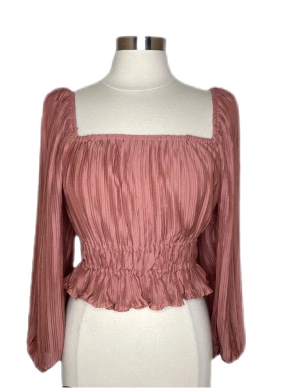 ASTR Rose Pink Smocked Plisse Pleated Peplum Square-Neck Blouse